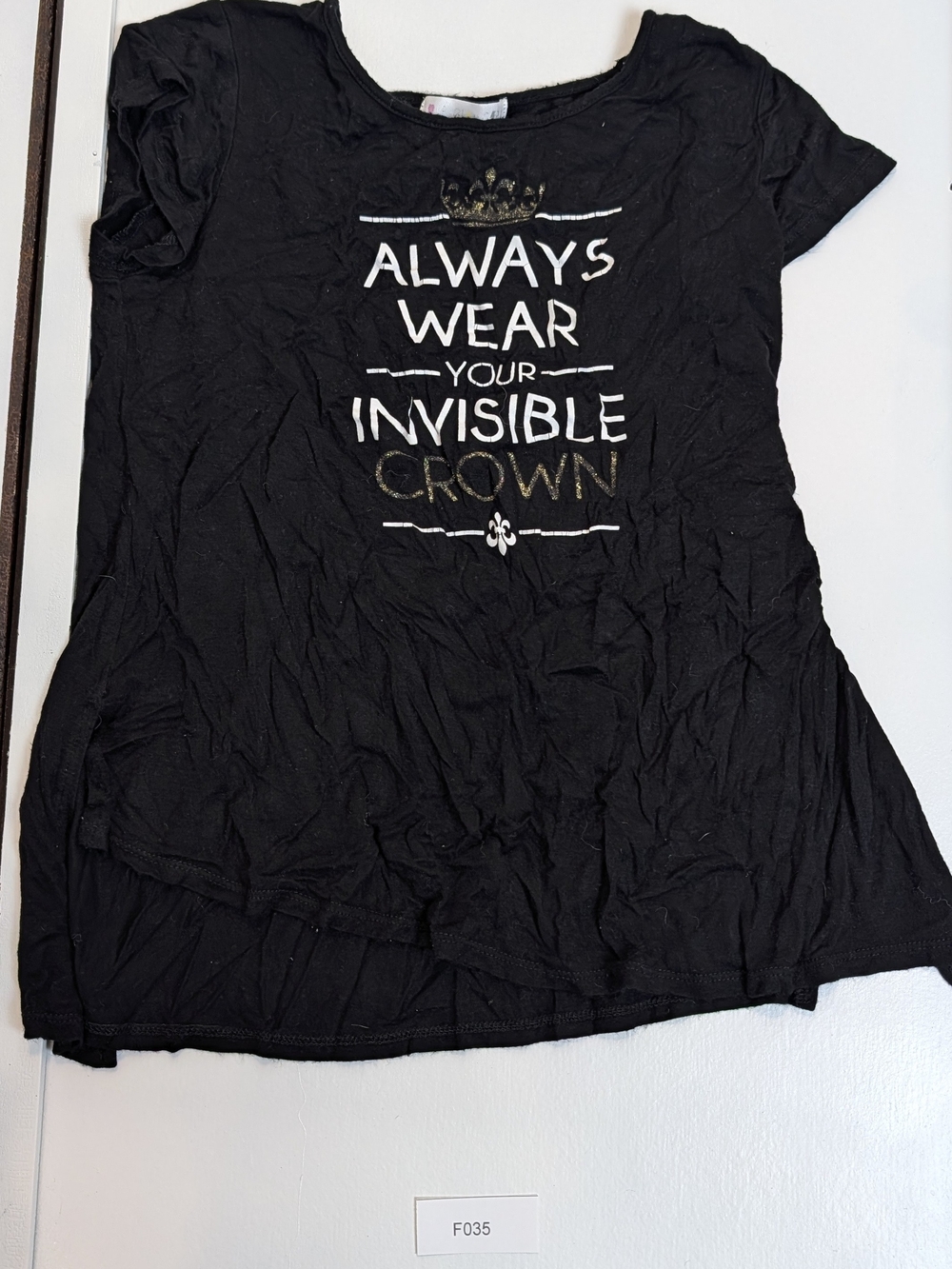 Girls' Black Short-Sleeve Tee with Metallic Crown Message